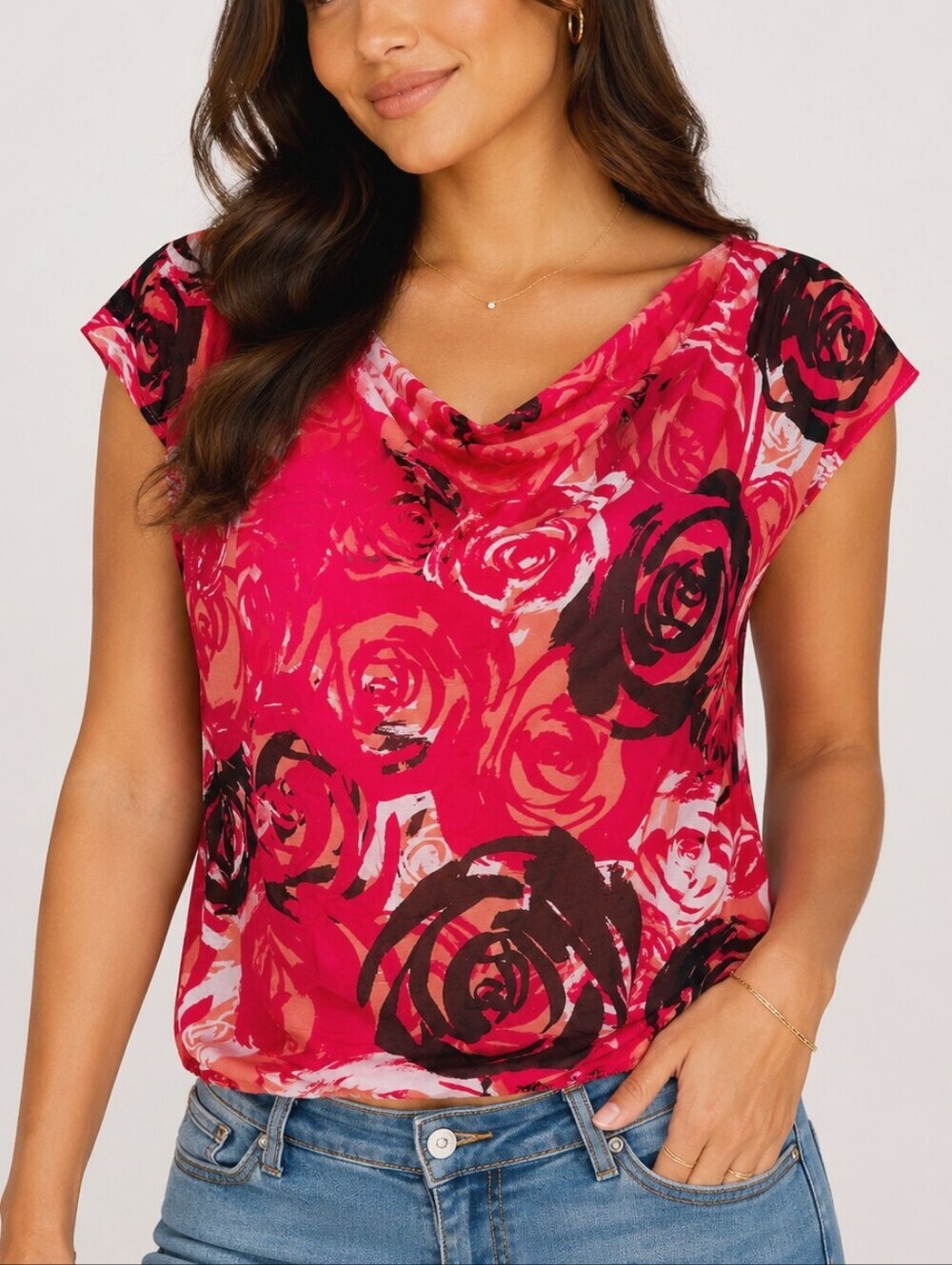 WORTHINGTON Y2K Sheer Floral Cowl Neck Top Modern Retro Going Out Blouse, L